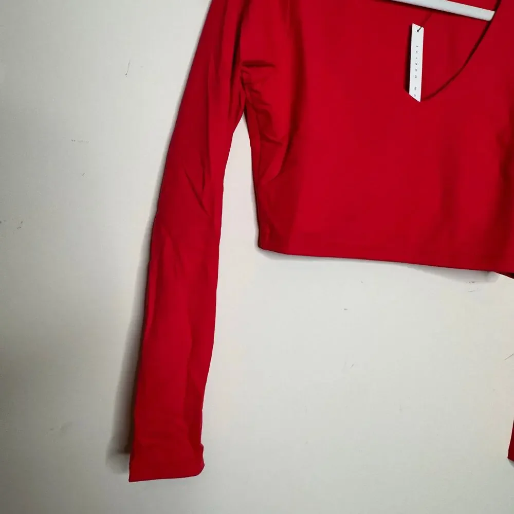 Susana Monaco Very V Long Sleeve Crop Top in Morello Red NWT Size Large